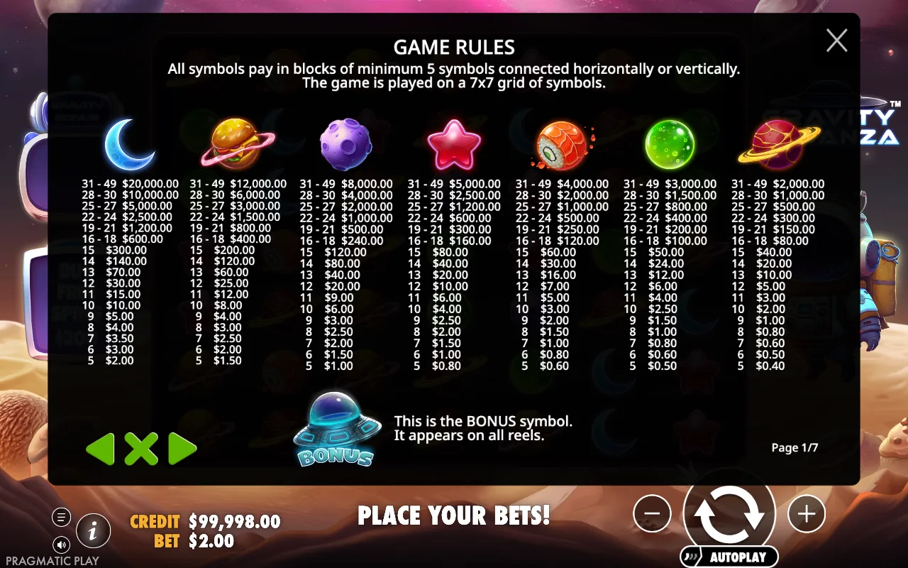Game rules, page 1 — Gravity Bonanza