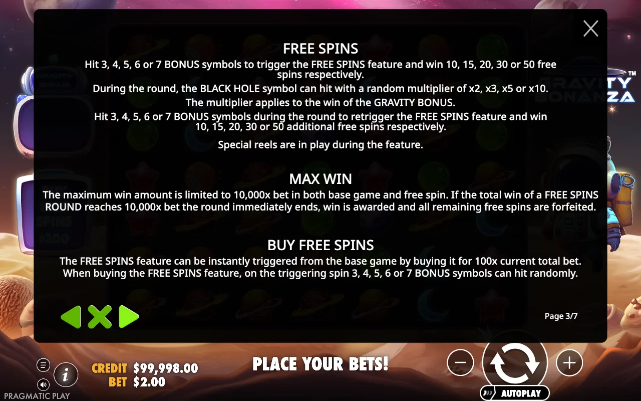 Free spins — Gravity Bonanza