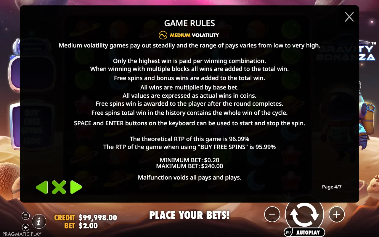 Game rules — Gravity Bonanza