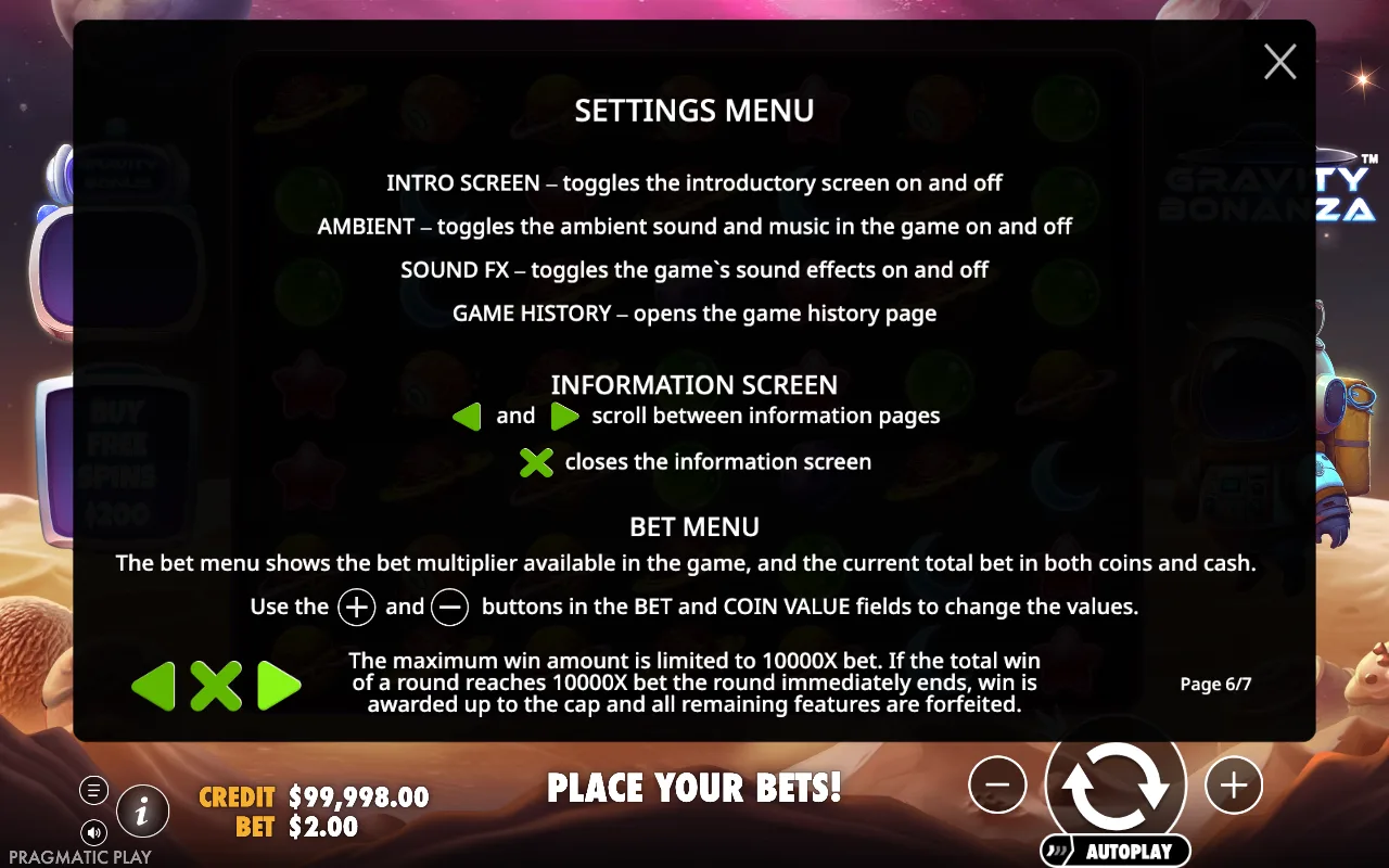Settings menu — Gravity Bonanza