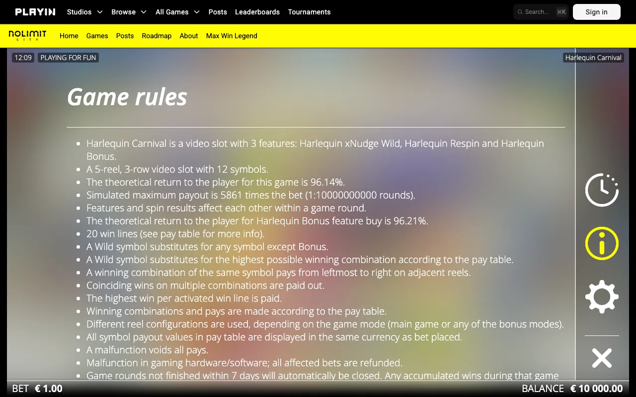 Game rules, page 1 — Harlequin Carnival