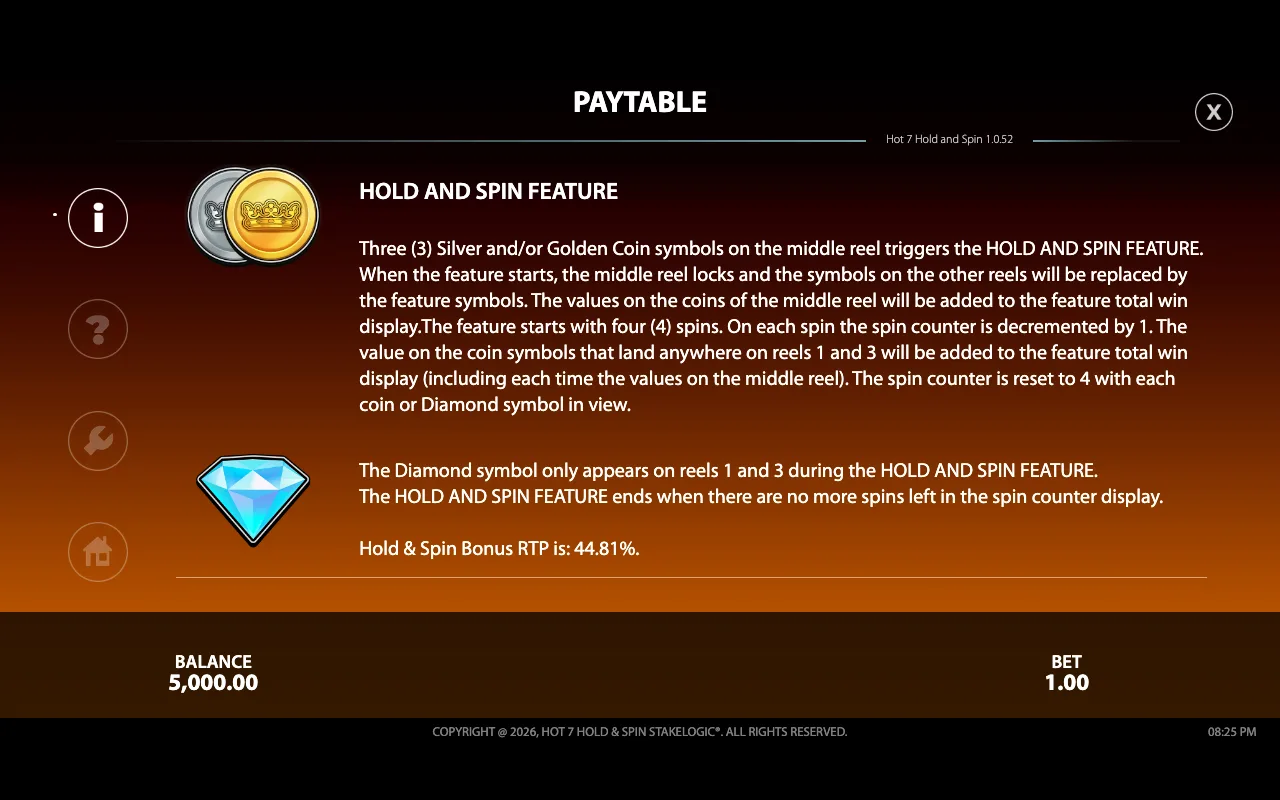 Paytable — Hot 7 Hold Spin