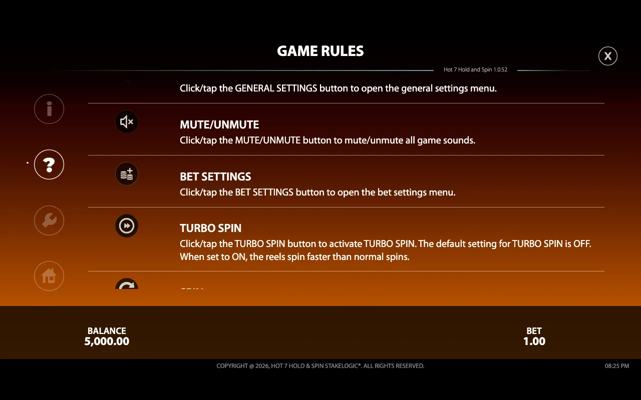 Game rules — Hot 7 Hold Spin