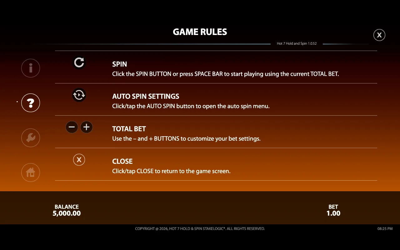 Game rules — Hot 7 Hold Spin