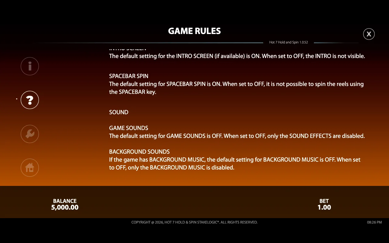 Game rules — Hot 7 Hold Spin