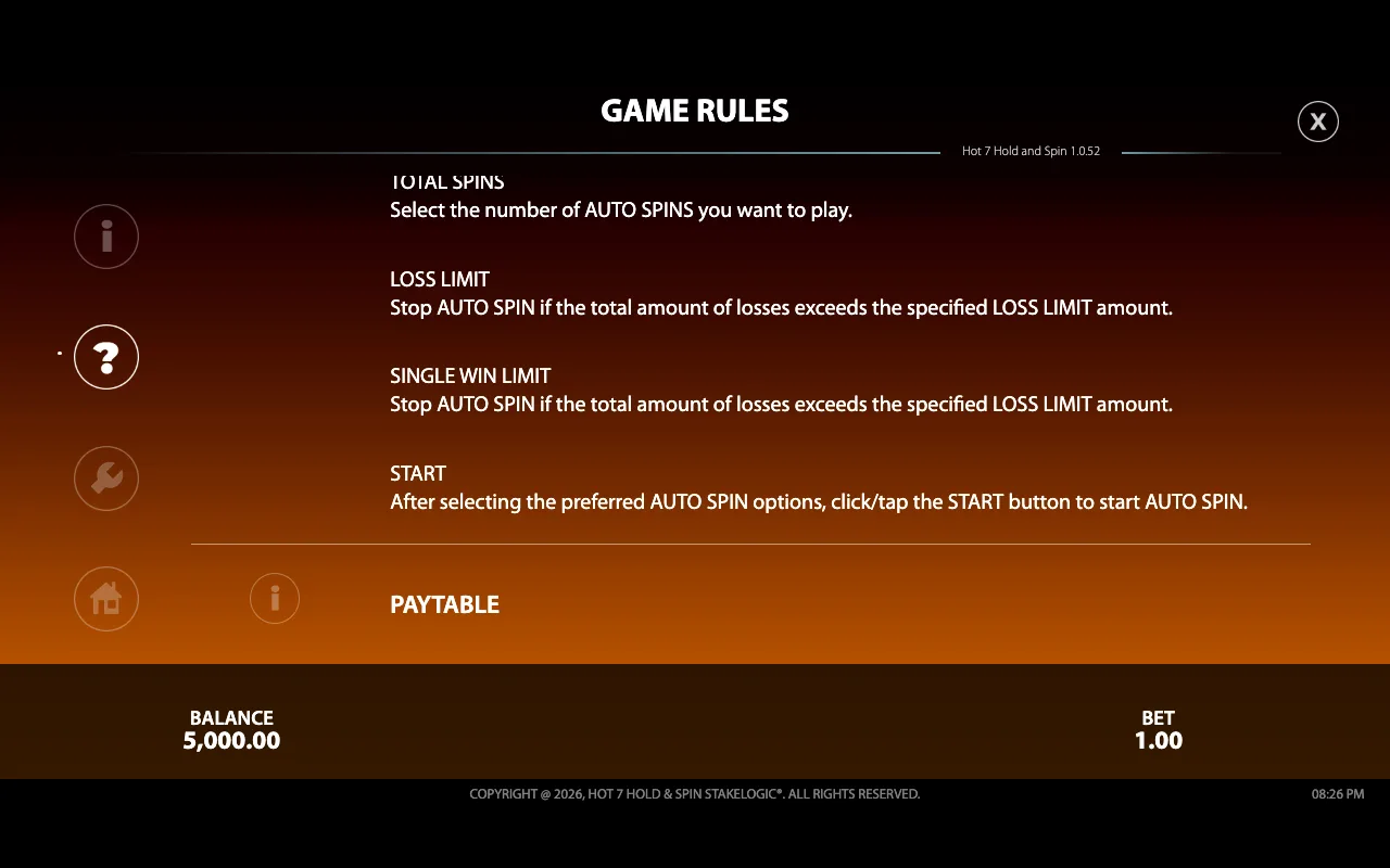 Game rules — Hot 7 Hold Spin