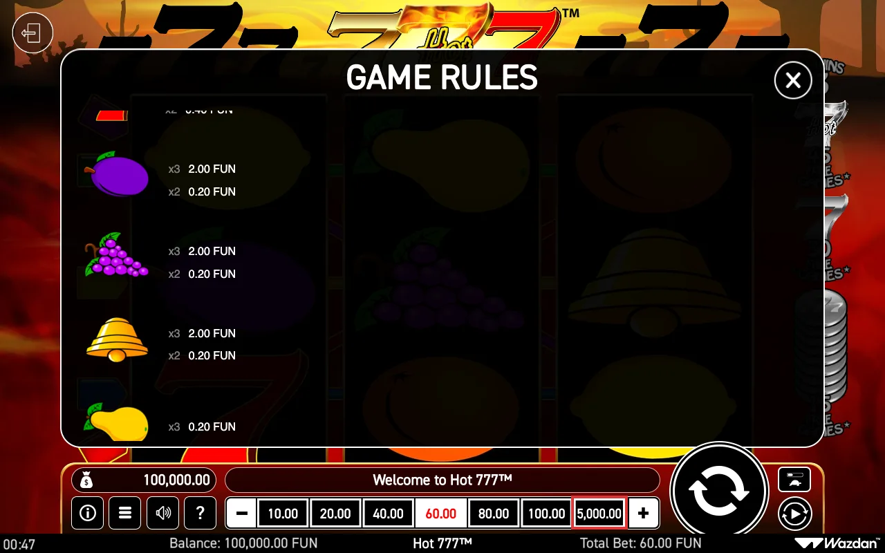 Game rules, page 3 — Hot 777