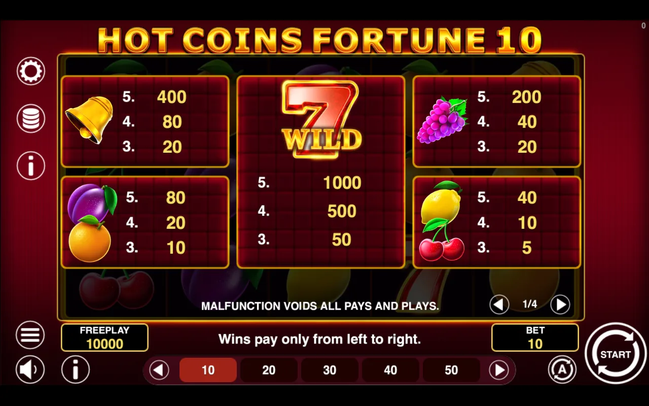 Game rules, page 1 — Hot Coins Fortune 10