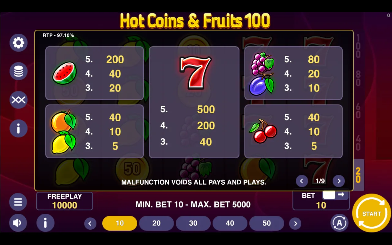 Game rules, page 1 — Hot Coins Fruits 100