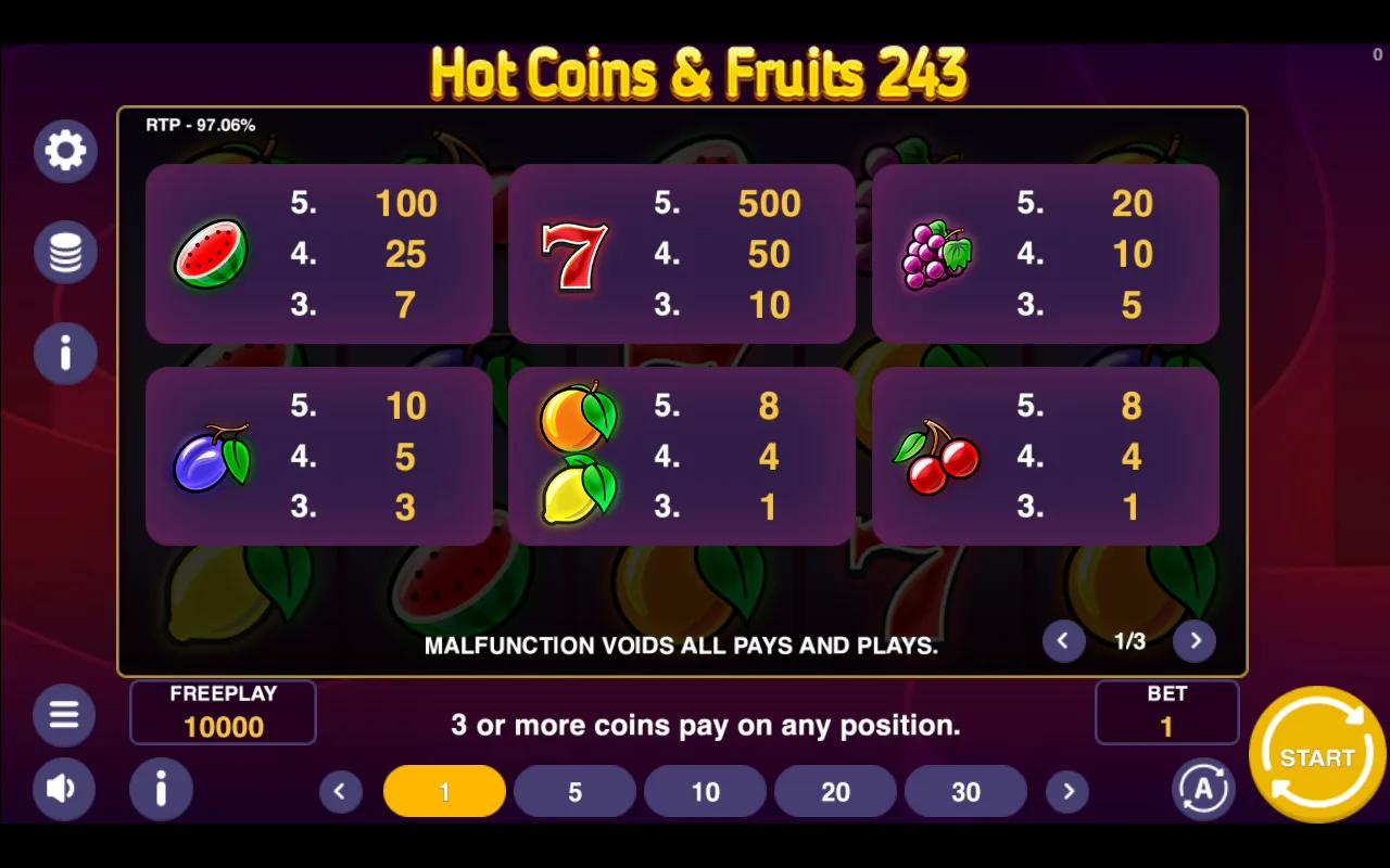 Game rules, page 1 — Hot Coins Fruits 243