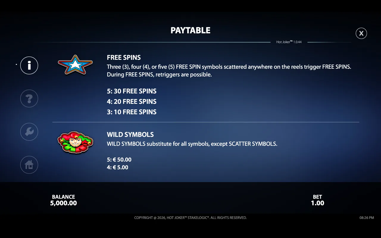 Paytable — Hot Joker