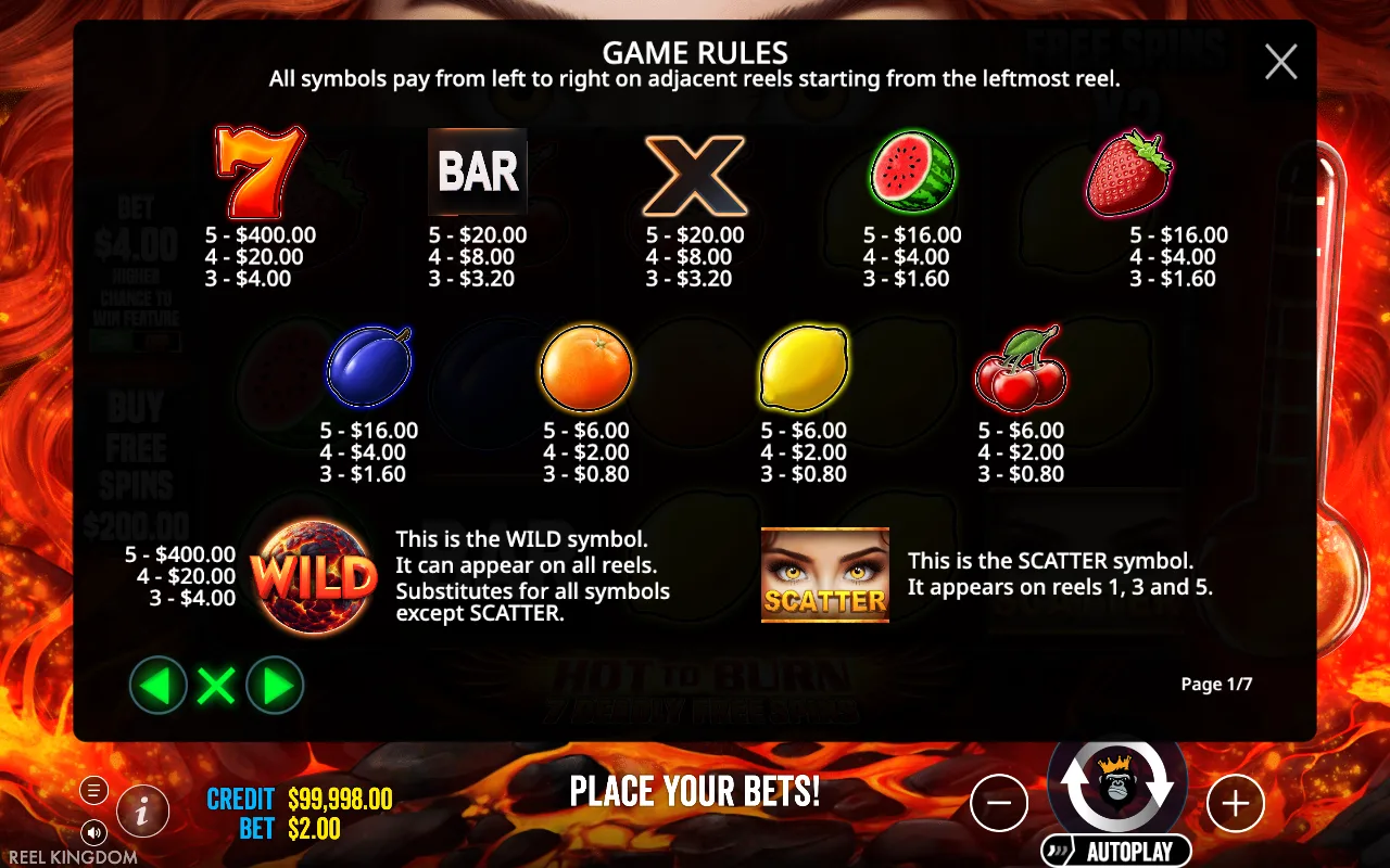 Game rules, page 1 — Hot to Burn 7 Deadly Free Spins