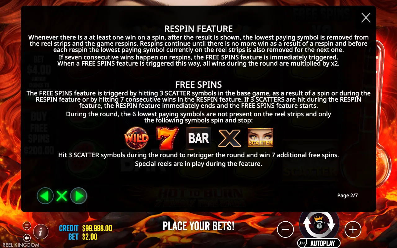 Respin feature — Hot to Burn 7 Deadly Free Spins
