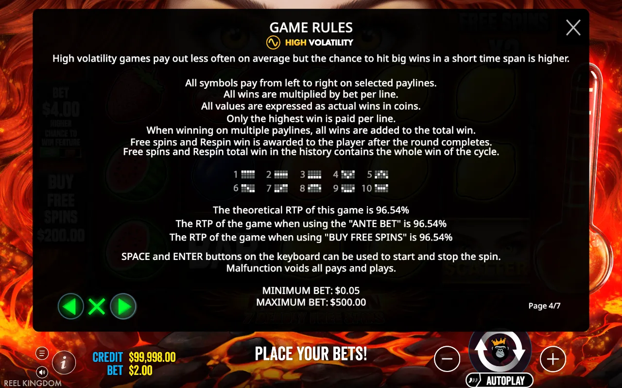 High volatility — Hot to Burn 7 Deadly Free Spins