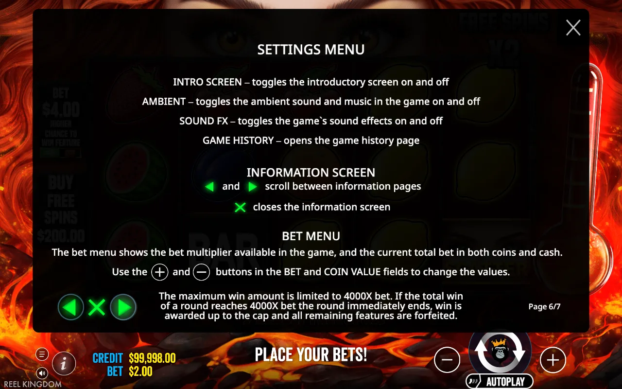Settings menu — Hot to Burn 7 Deadly Free Spins