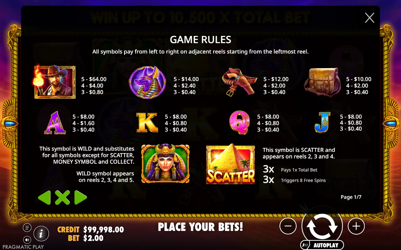 Game rules, page 1 — John Hunter And The Tomb of The Scarab Queen Slot
