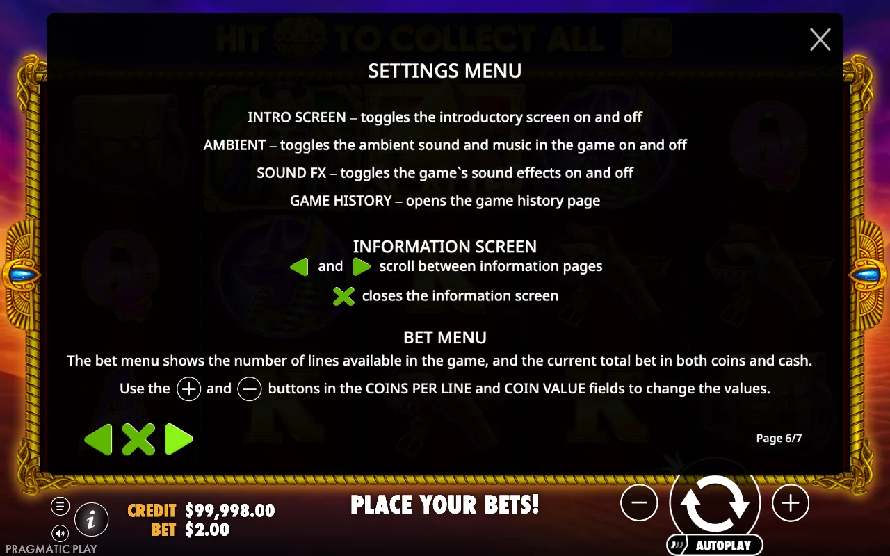 Settings menu — John Hunter And The Tomb of The Scarab Queen Slot