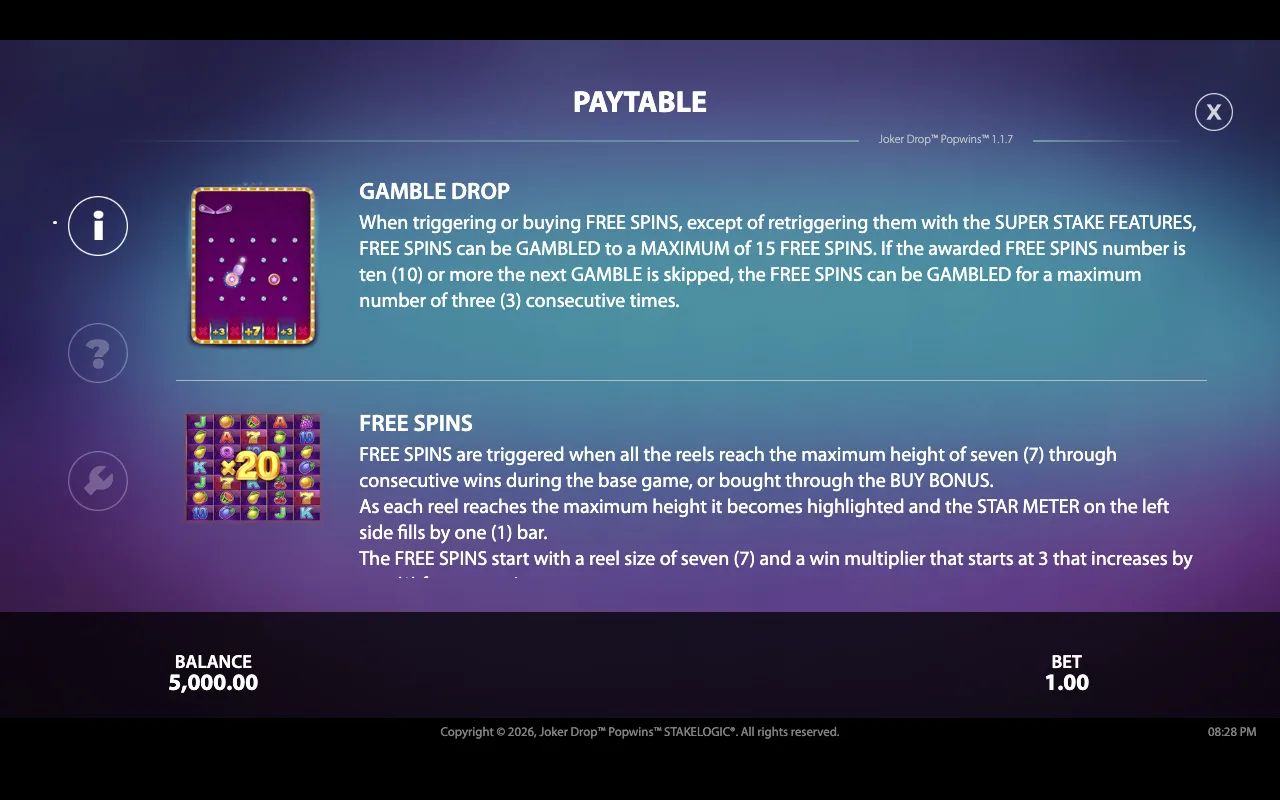 Paytable — Joker Drop Popwins