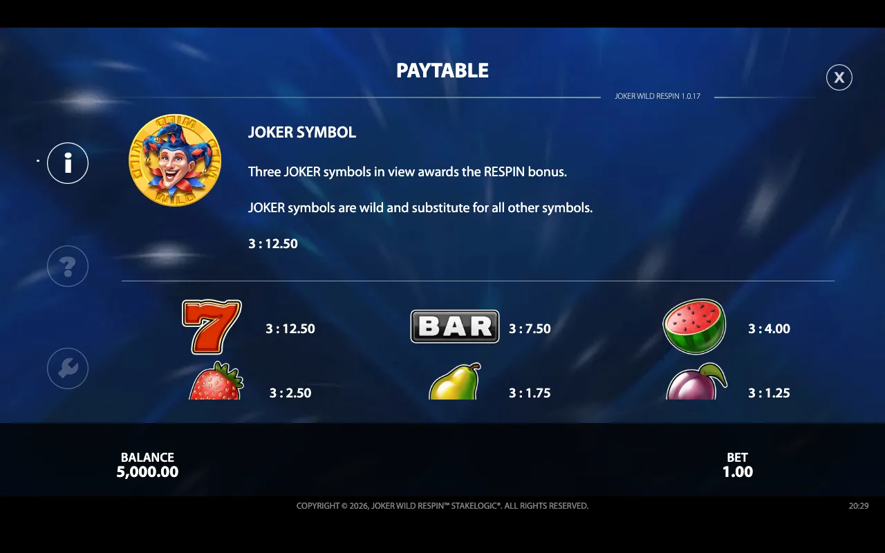 Paytable — Joker Wild Respin