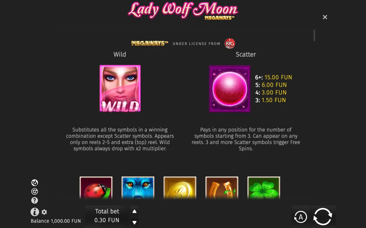 Game rules, page 1 — Lady Wolf Moon Megaways