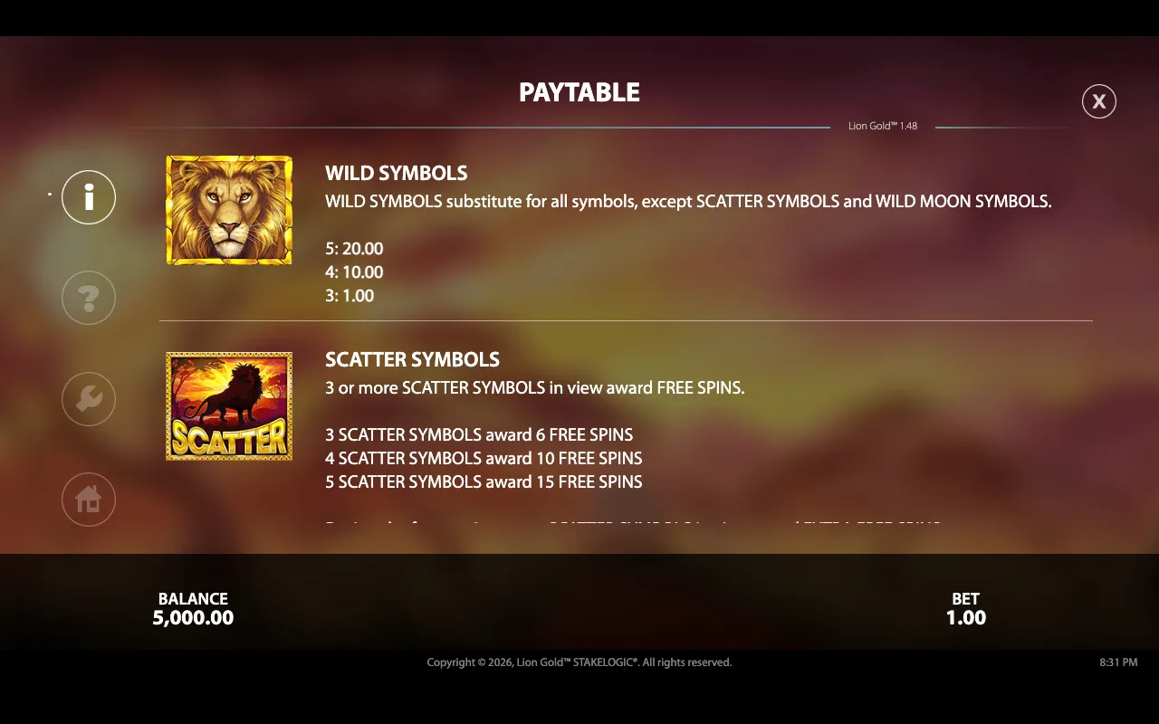 Paytable — Lion Gold
