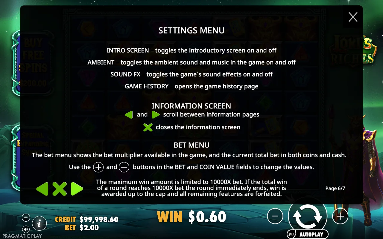 Settings menu — Loki's Riches