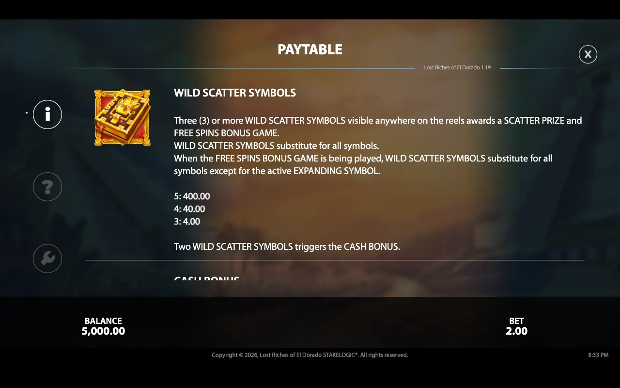 Paytable — Lost Riches of el Dorado