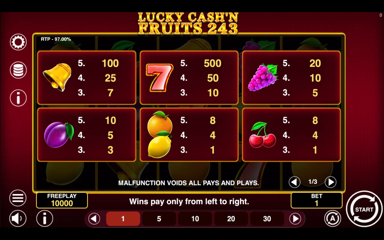 Game rules, page 1 — Lucky Cashn Fruits 243
