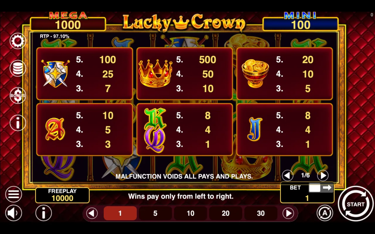 Game rules, page 1 — Lucky Crown Hold And Win