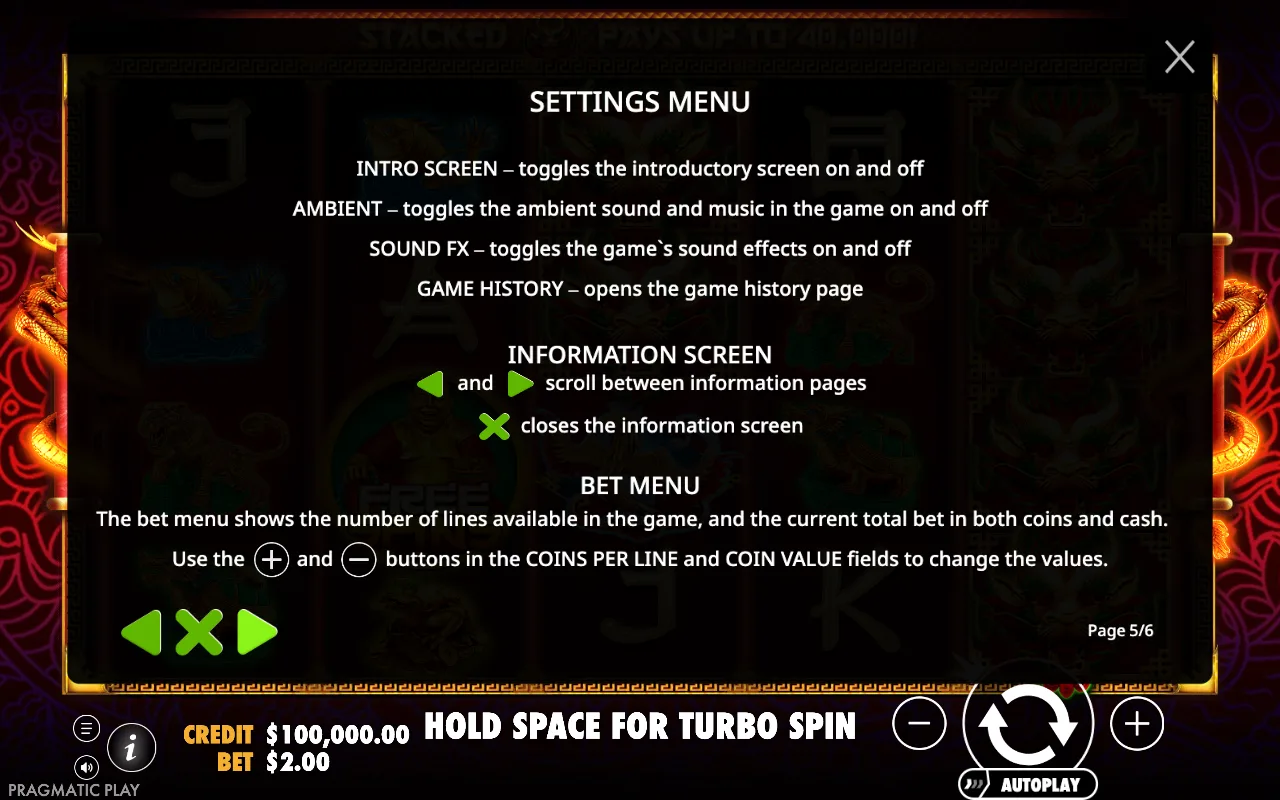 Settings menu — Lucky Dragons