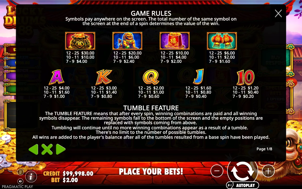 Game rules, page 1 — Lucky Drums 88