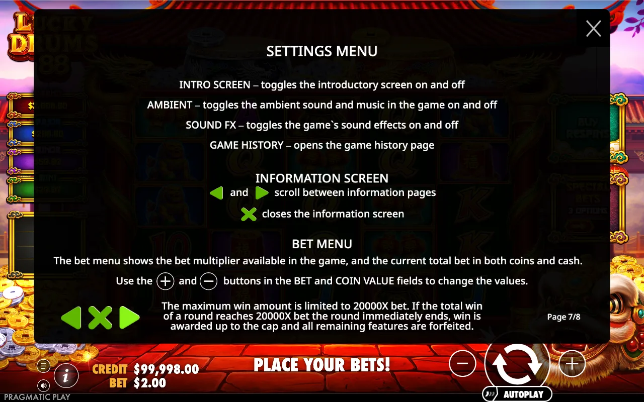 Settings menu — Lucky Drums 88