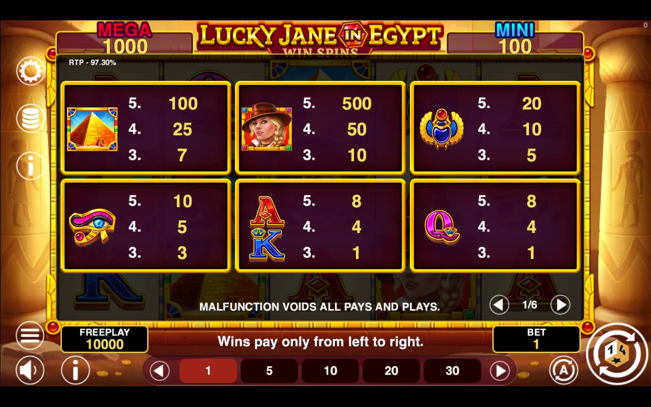 Game rules, page 1 — Lucky Jane in Egypt Win Spins