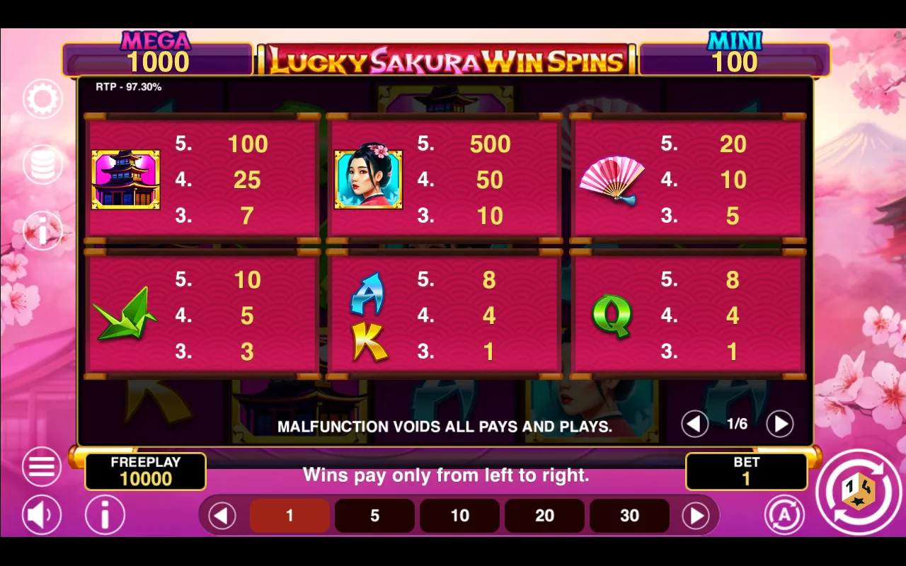 Game rules, page 1 — Lucky Sakura Win Spins