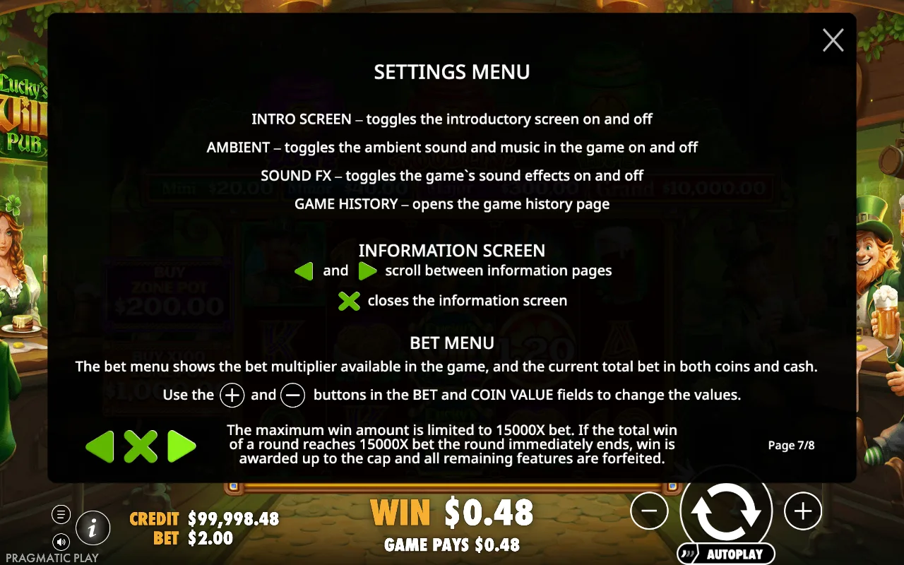 Settings menu — Lucky's Wild Pub 2