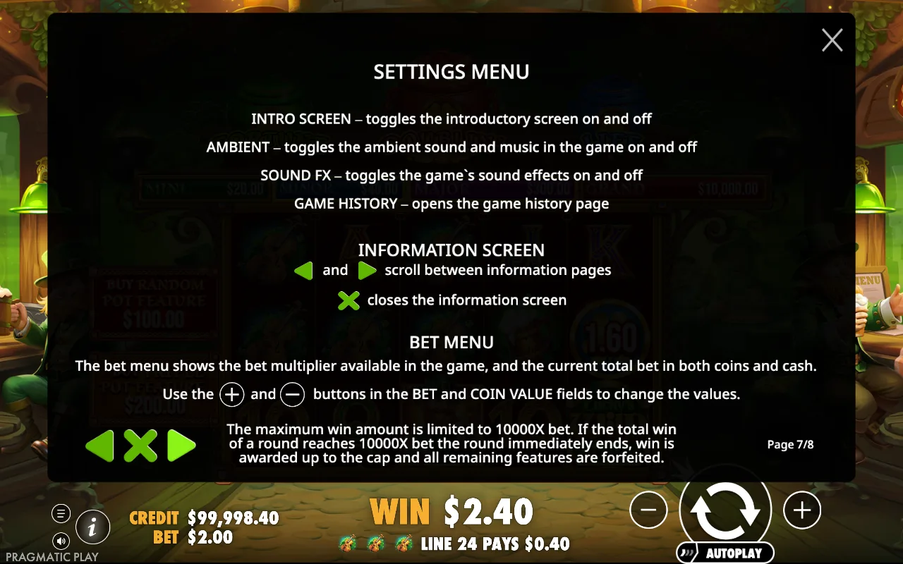 Settings menu — Lucky's Wild Pub