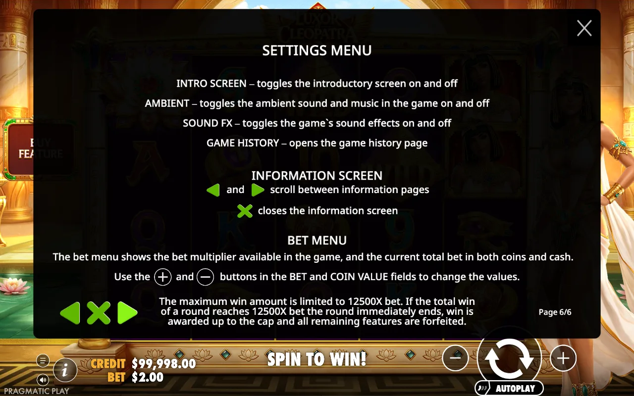 Settings menu — Luxor of Cleopatra