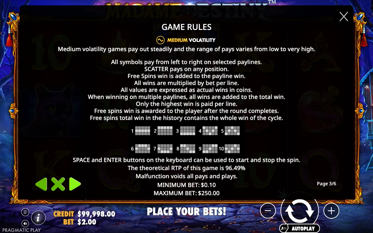 Game rules — Madame Destiny