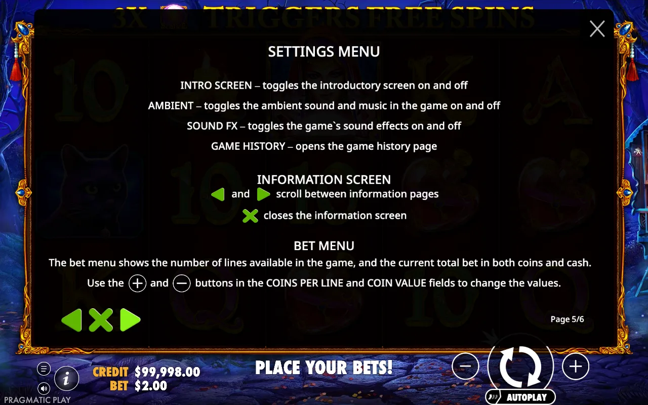 Settings menu — Madame Destiny