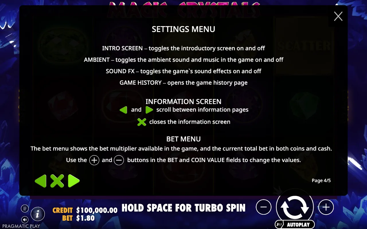 Settings menu — Magic Crystals