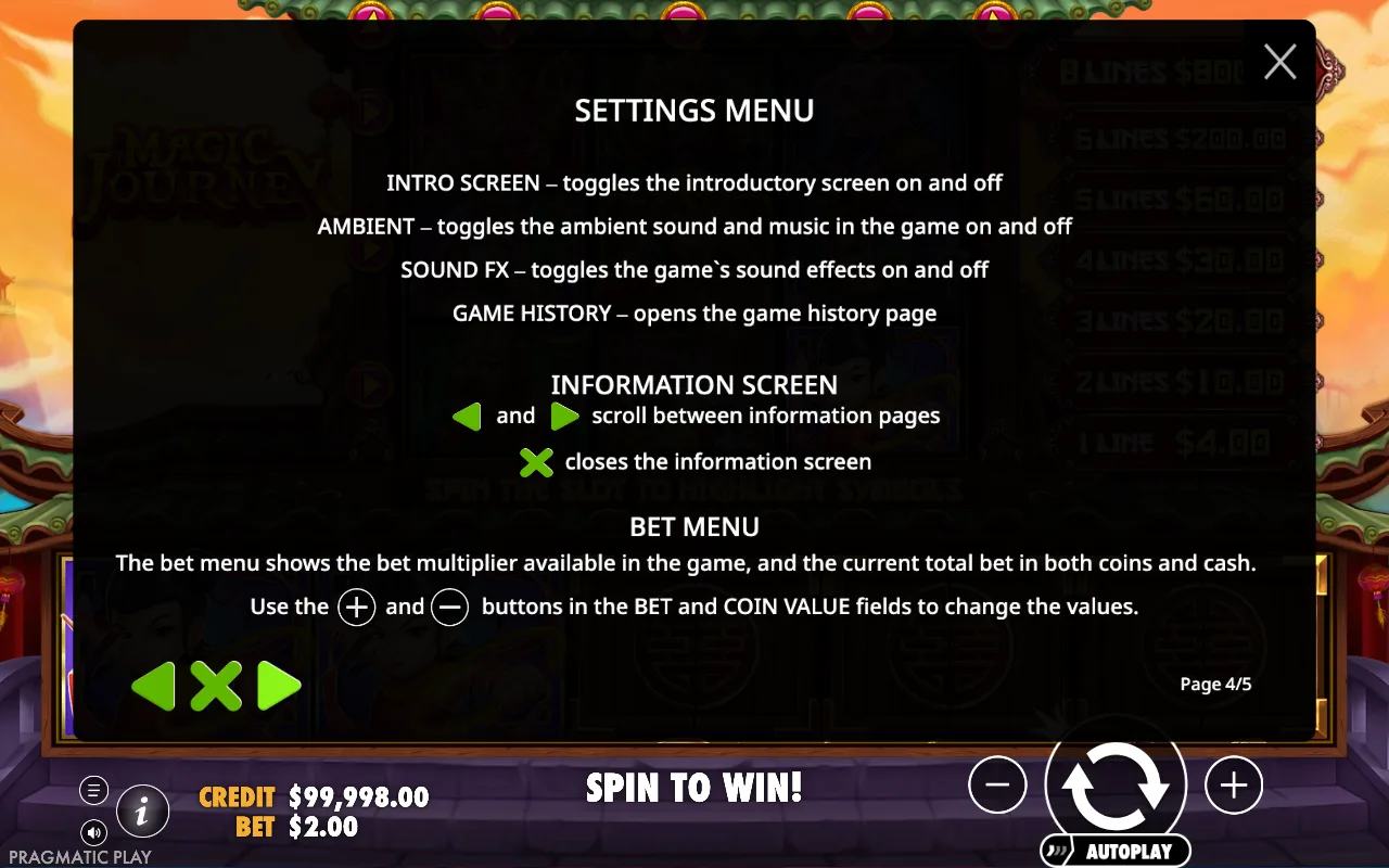 Settings menu — Magic Journey