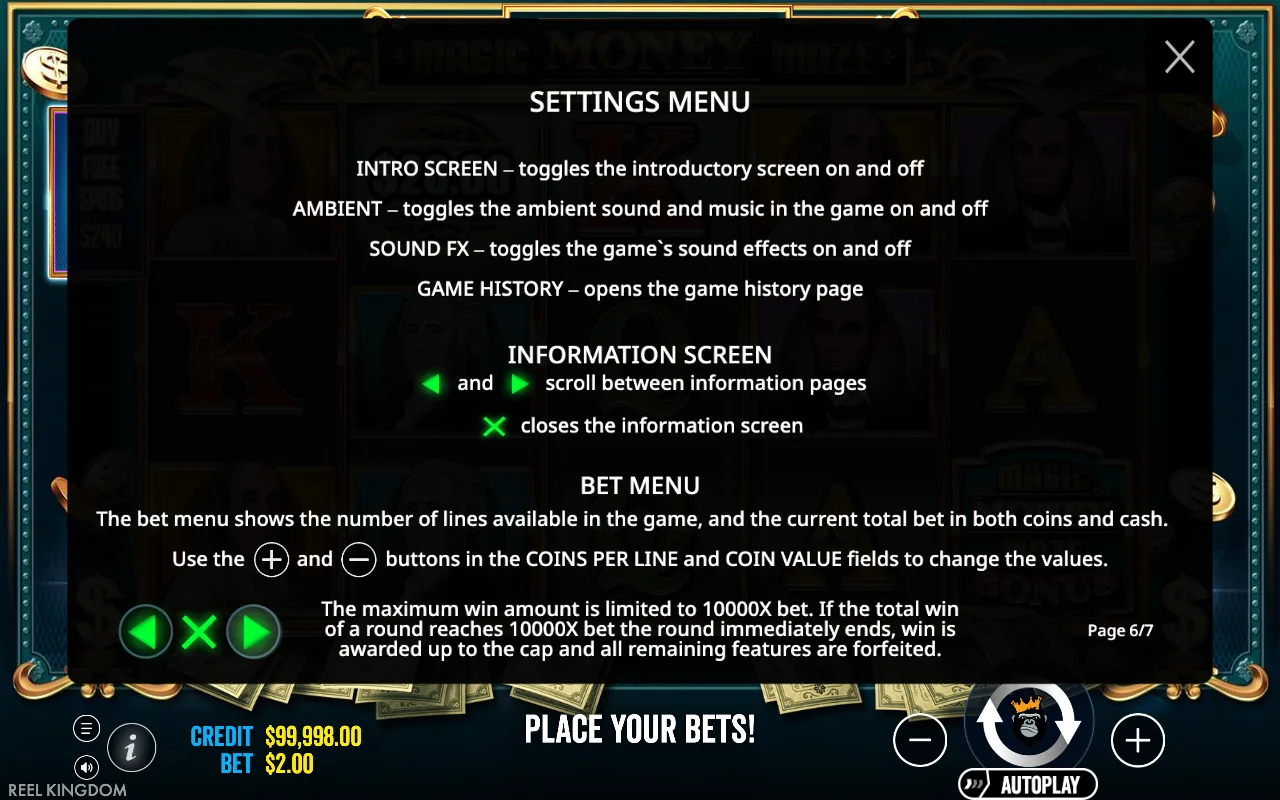 Settings menu — Magic Money Maze