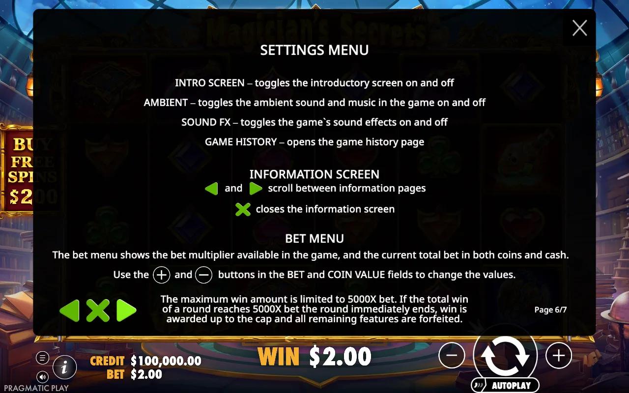 Settings menu — Magicians Secrets