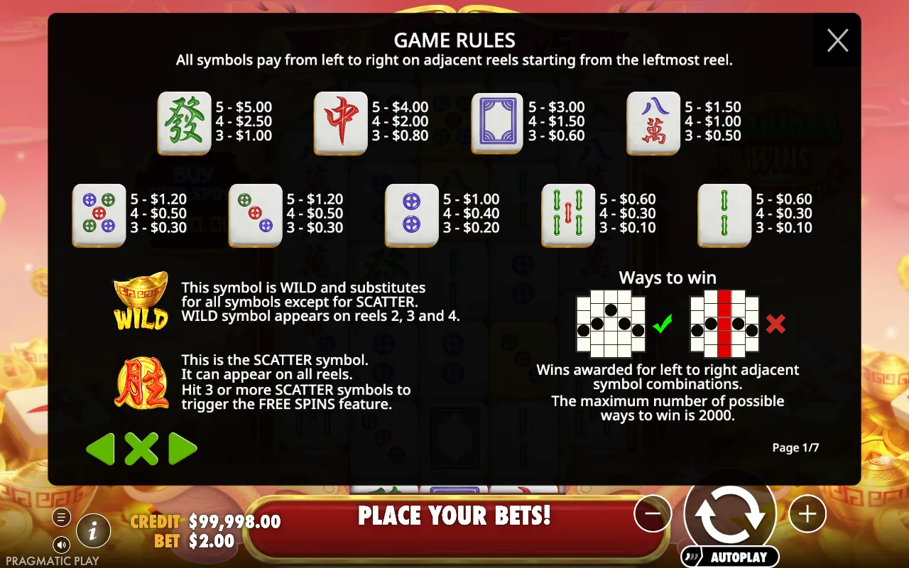 Game rules, page 1 — Mahjong Wins Super Scatter