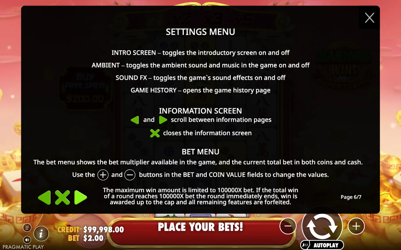 Settings menu — Mahjong Wins Super Scatter