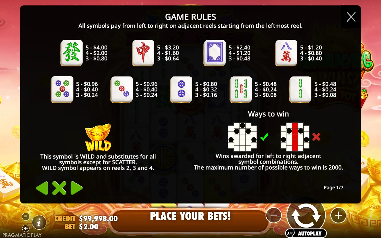 Game rules, page 1 — Mahjong Wins Triple Pot