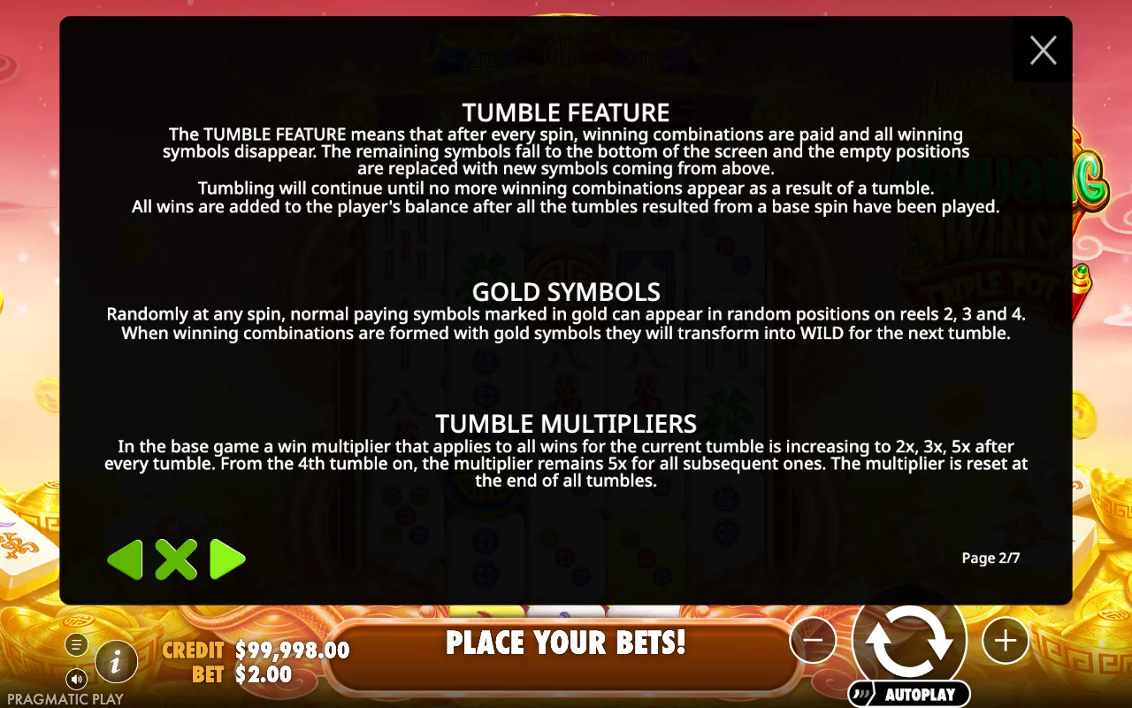 Tumble feature — Mahjong Wins Triple Pot