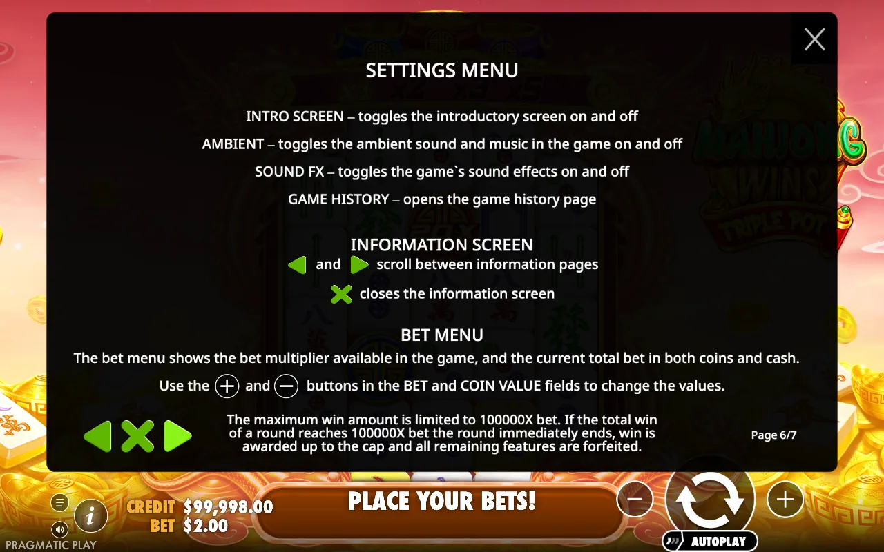 Settings menu — Mahjong Wins Triple Pot
