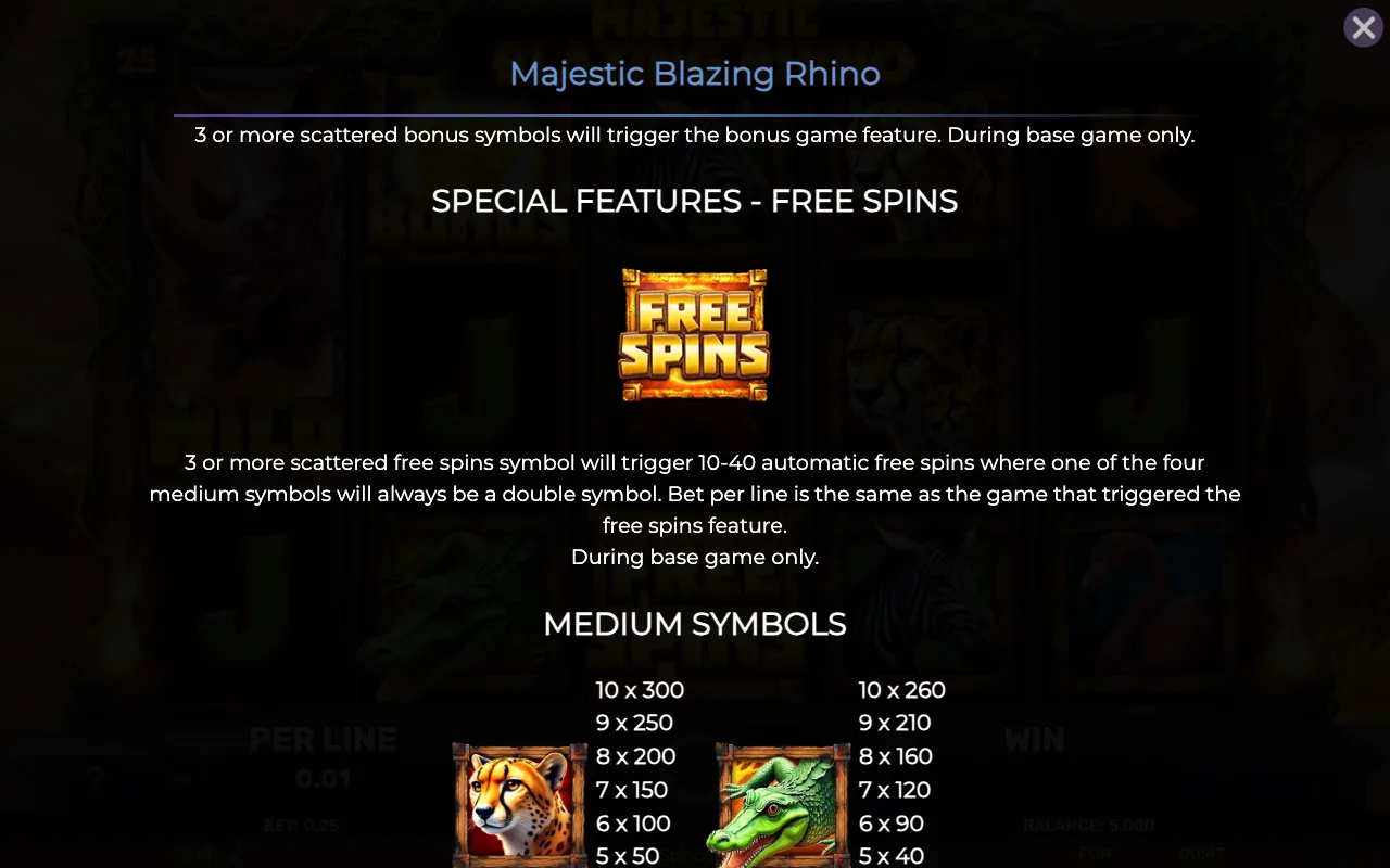 Special features - free spins — Majestic Blazing Rhino