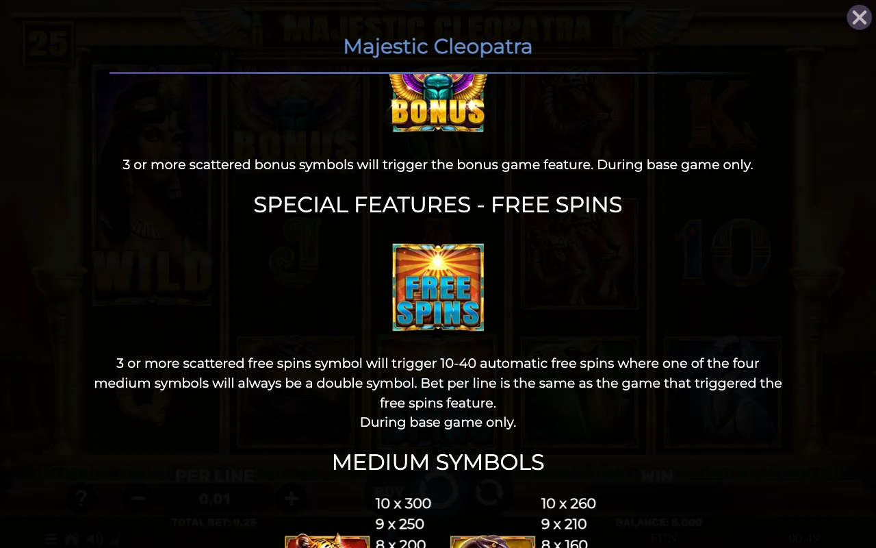 Special features - free spins — Majestic Cleopatra